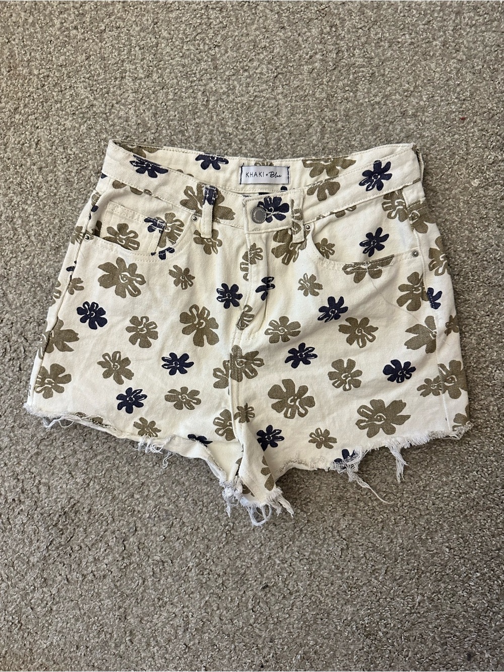 Khaki + Blue Floral Print High-Rise Denim Cut Off Shorts